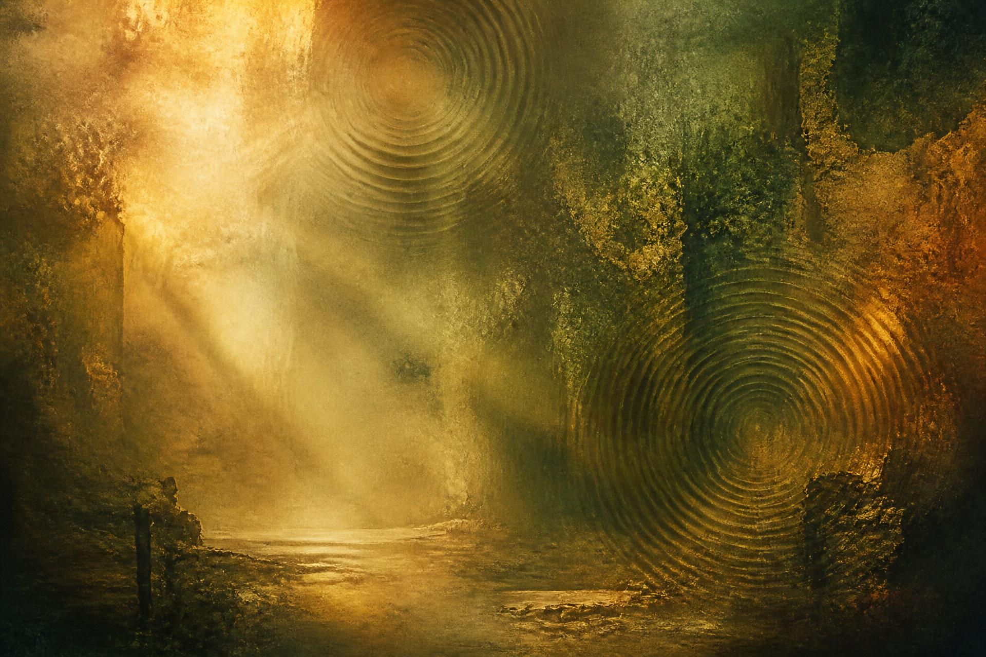 Golden light and sound ripples through earthy mist