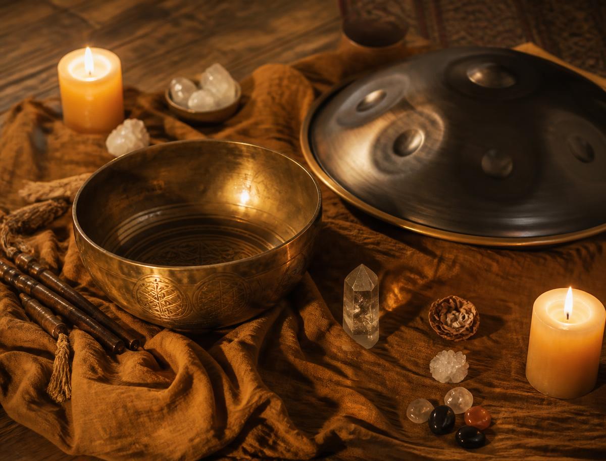 Singing bowl, handpan and crystals on ochre linen by candlelight